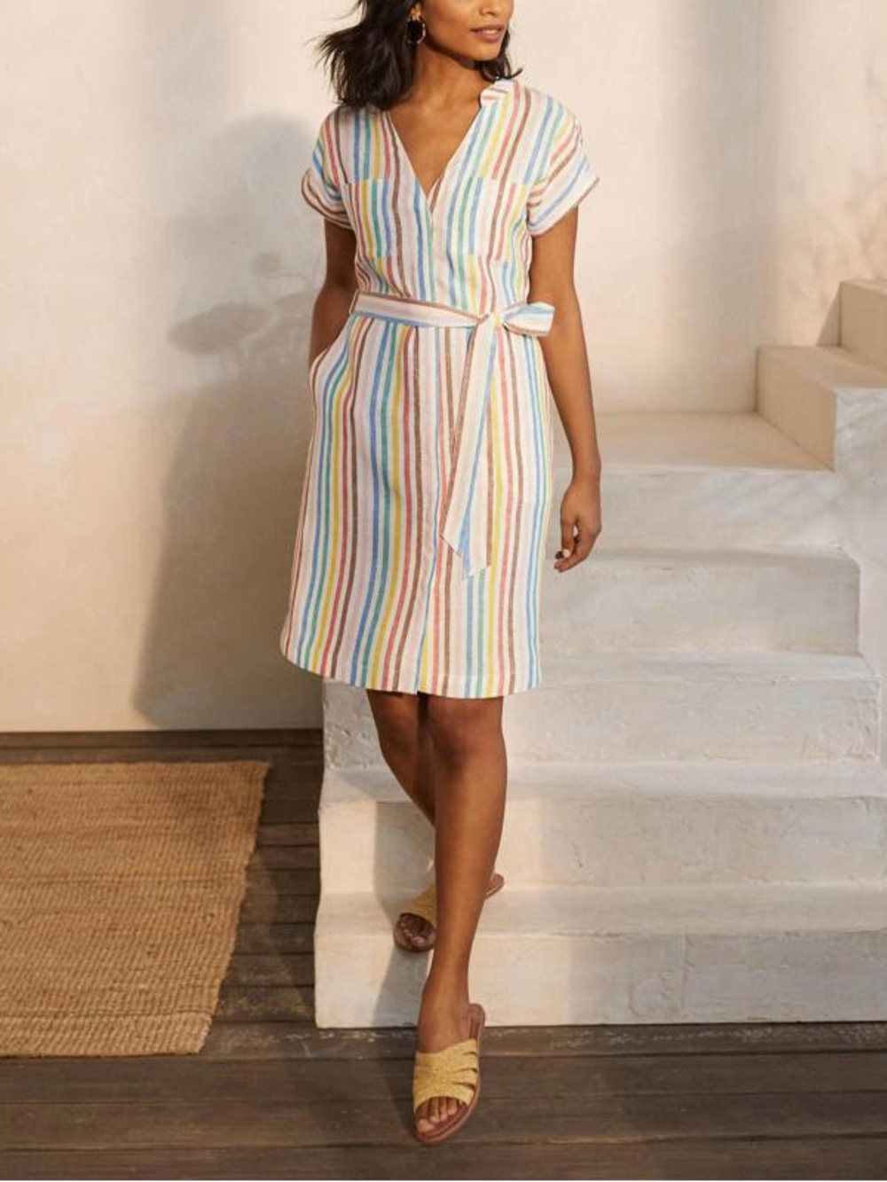 Boden Linen Multicolor Striped Belted Dress